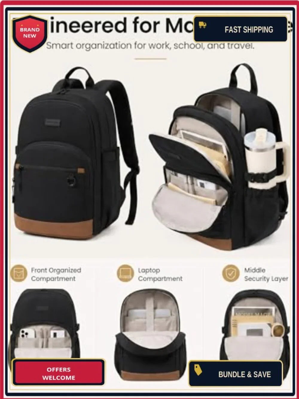 Waterproof Travel Laptop Backpack 15.6